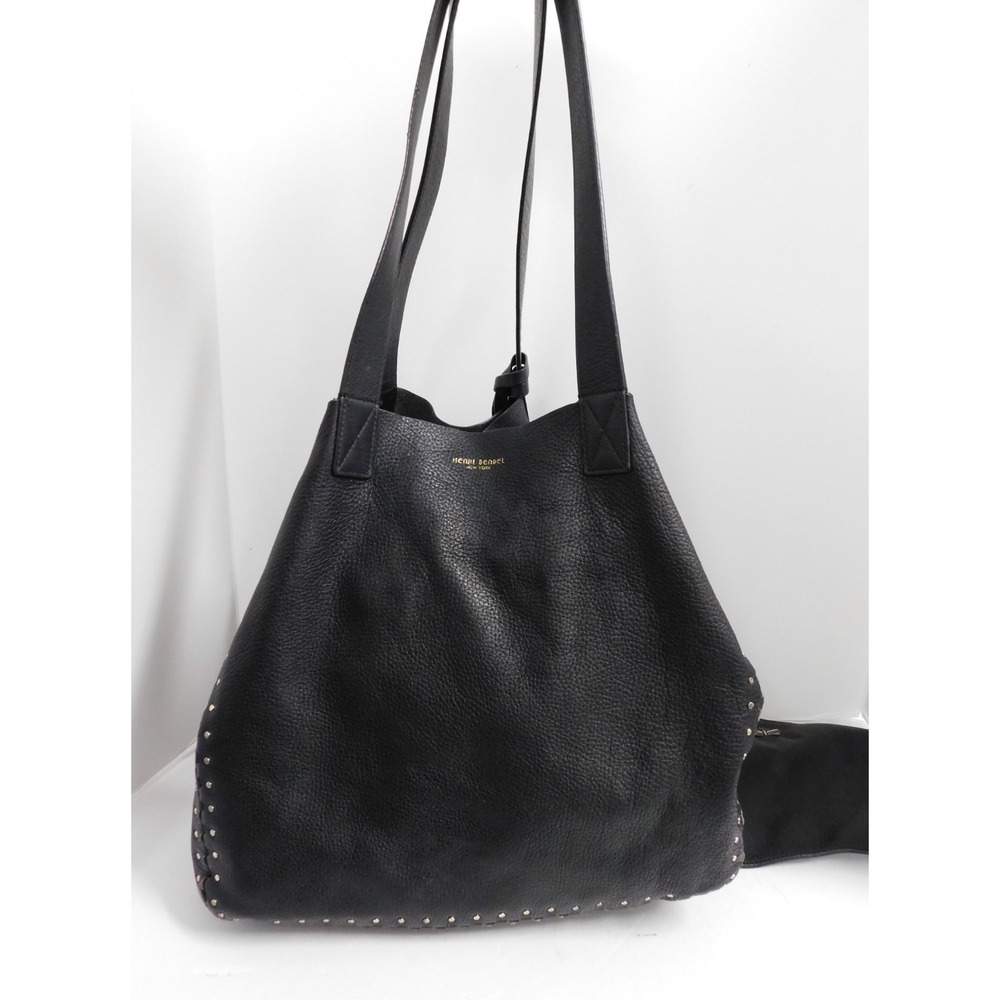 Henri Bendel Black Leather Studded Large Shopper Tote w/ Zip Pouch